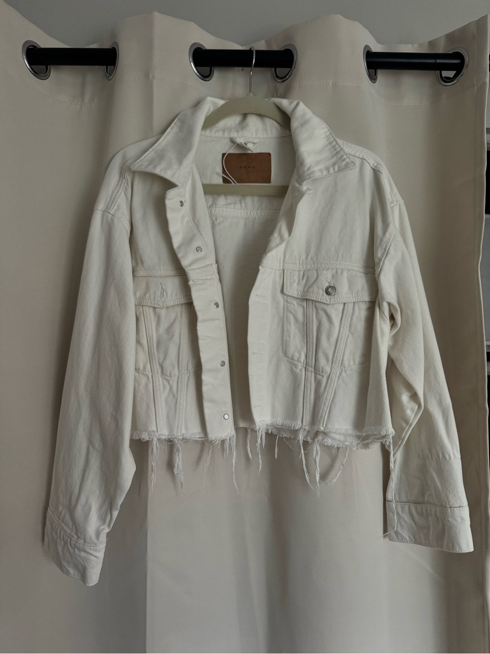 Forever 21 Cream Cropped Distressed Denim Jacket